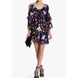 Parker 100% Silk Floral Cold Shoulder Tiered Sleeves Mini Dress Black Blue Small